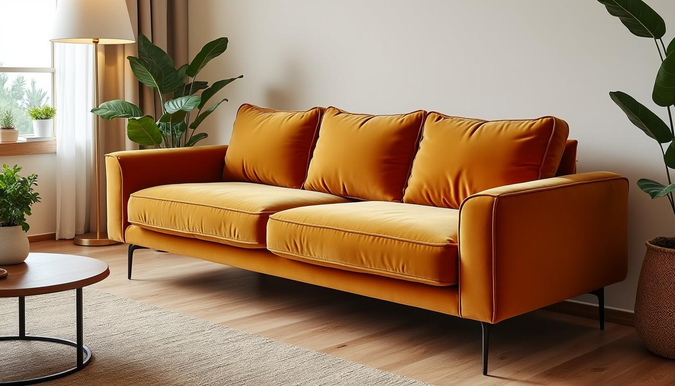 découvrez notre canapé 3 places style rétro en ocre chaleureux, alliant confort et charme vintage pour sublimer votre intérieur avec une touche de couleur et d'élégance.