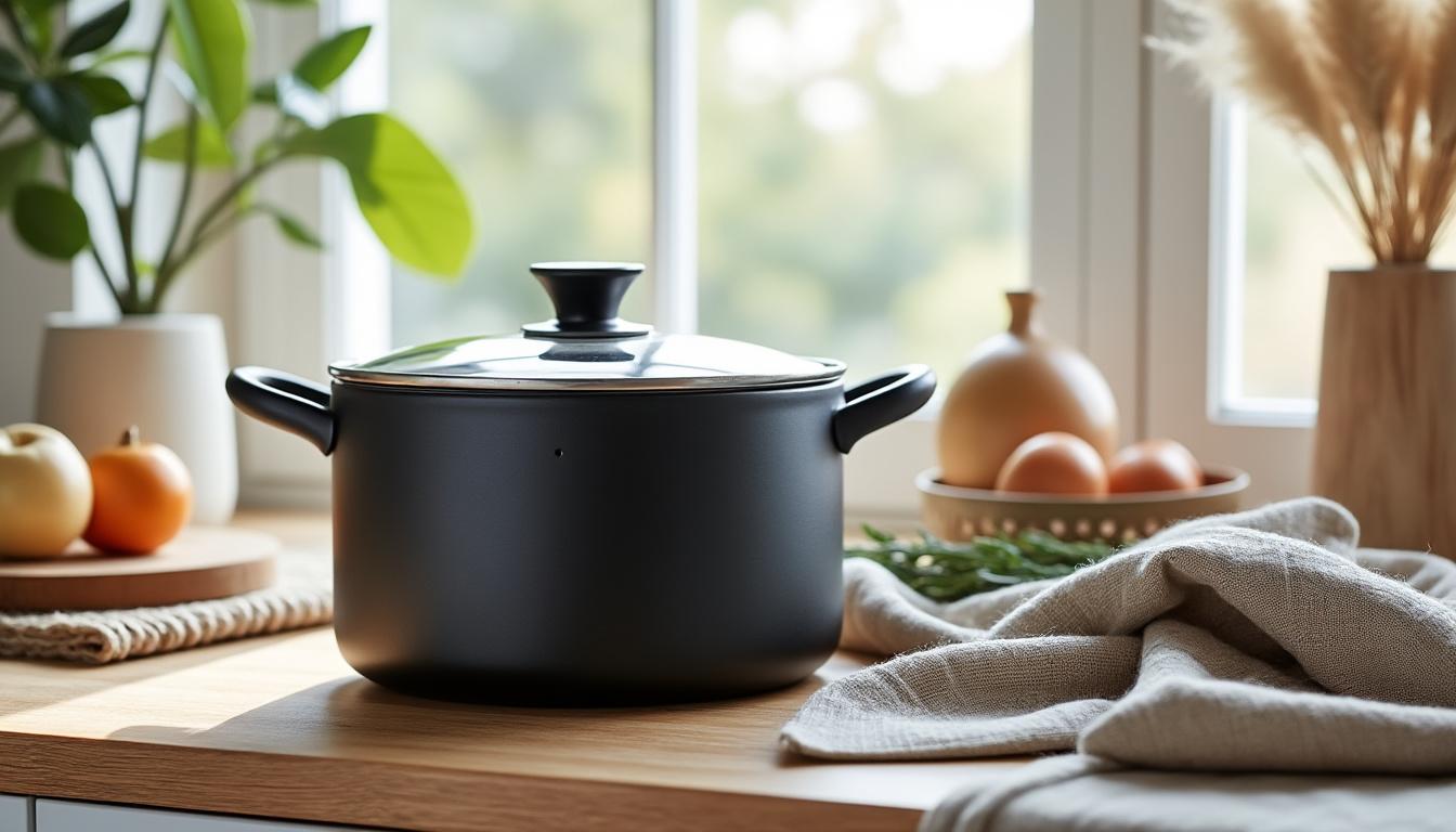 découvrez le fait-tout travo de 3,8 litres avec son couvercle en verre élégant. conçu en aluminium noir, il allie design moderne et performance pour une cuisine pratique et stylée.