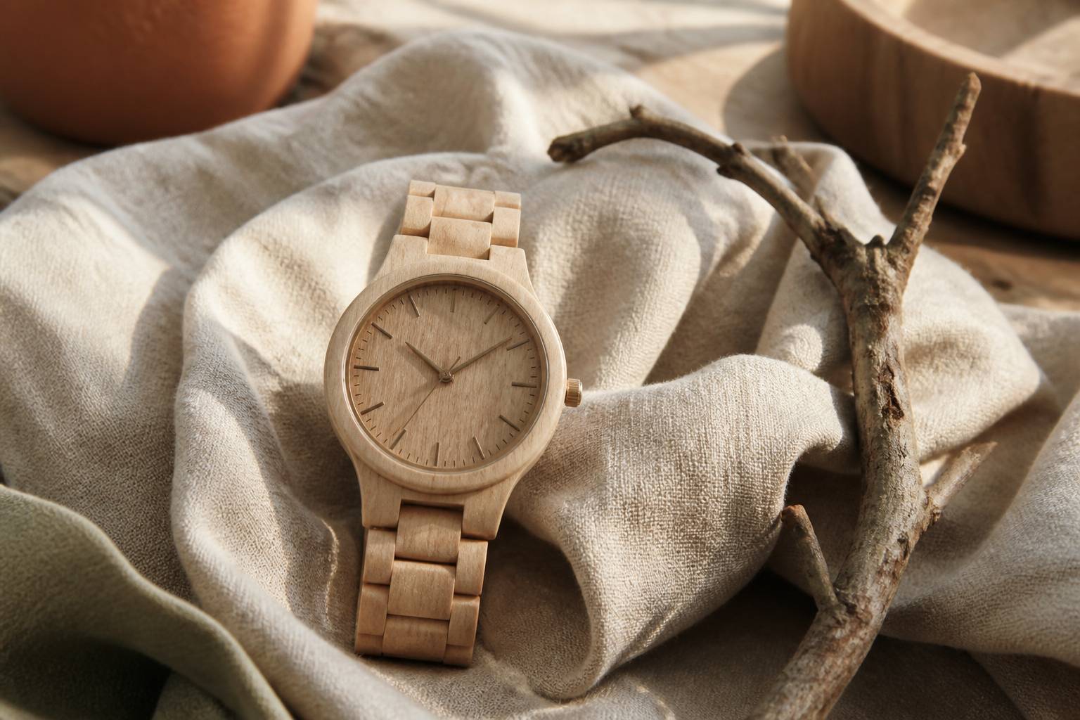 Montre en bois au grain naturel posée sur un linge en lin
