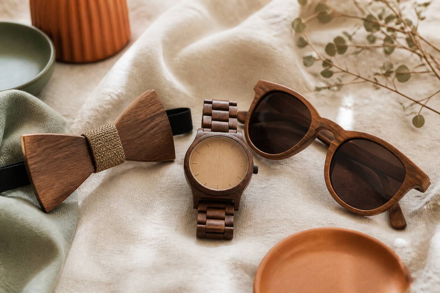 Nœud papillon, montre et lunettes en bois sur fond lin