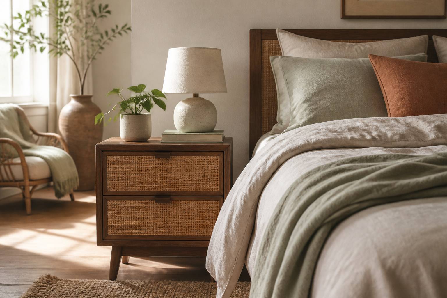 Table de chevet scandinave en bois et rotin avec lampe et plante