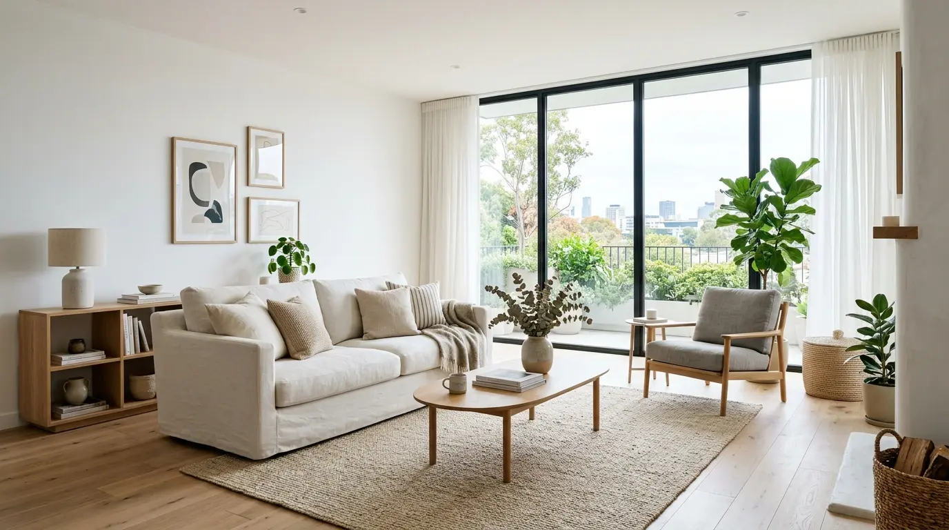 Intérieur scandinave minimaliste avec mur décoré